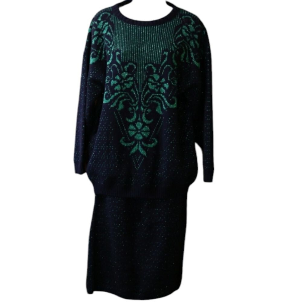 Ellen D. Vintage Black & Green Knit Skirt Set Christmas Holiday Suit Set Skirt L